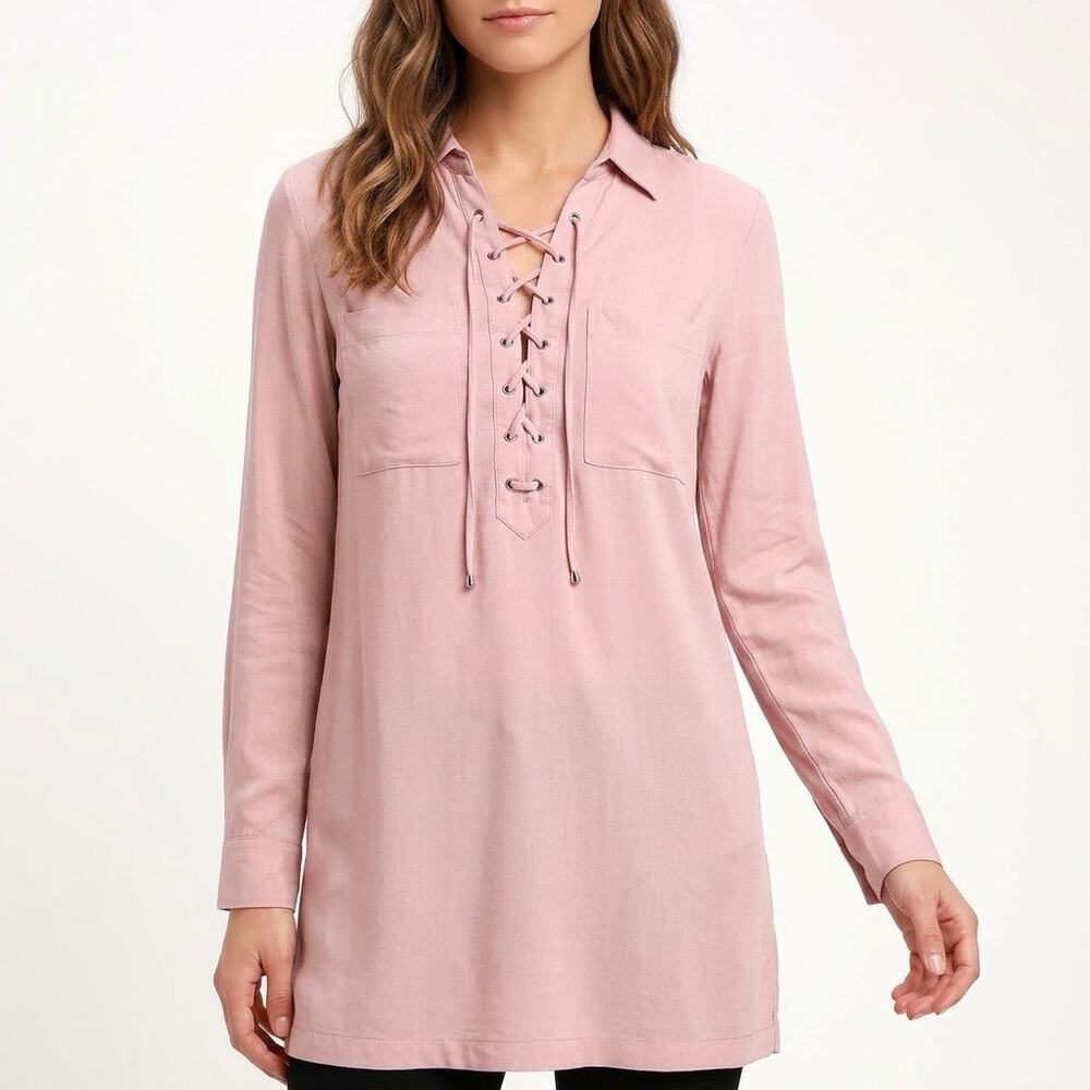 Lulus Dusty Pink Lace Up Long Sleeve Shirt Dress Tunic Women Size M